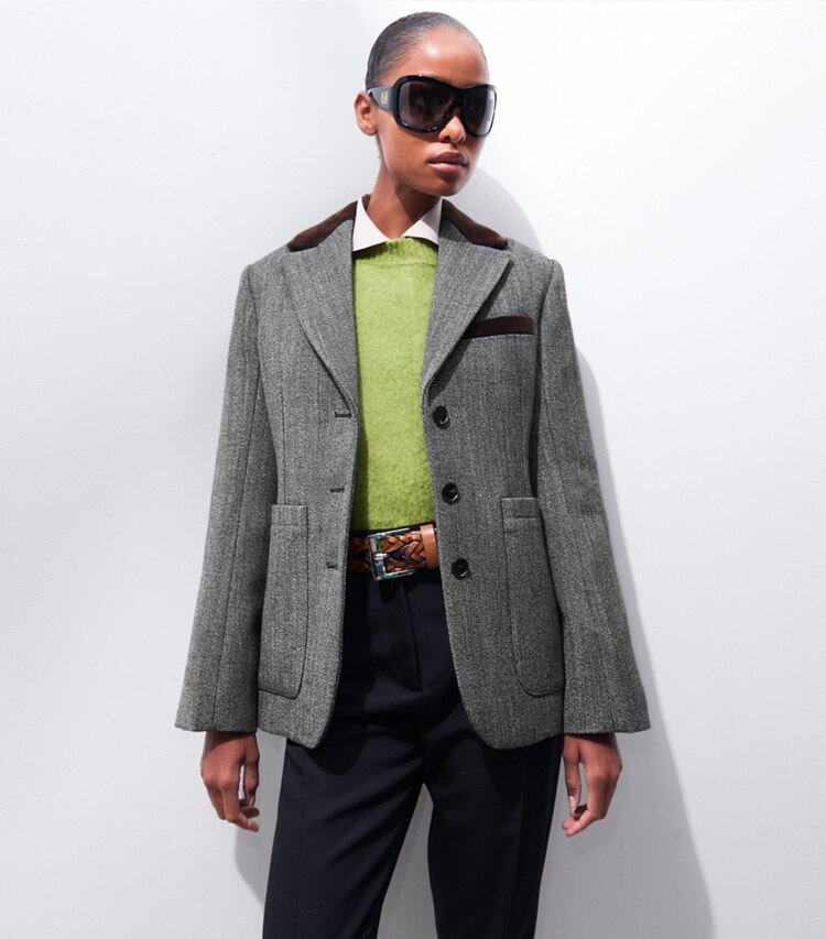 Tory Burch designer jackets Tailored Tweed Jacket in Black / White on model detail