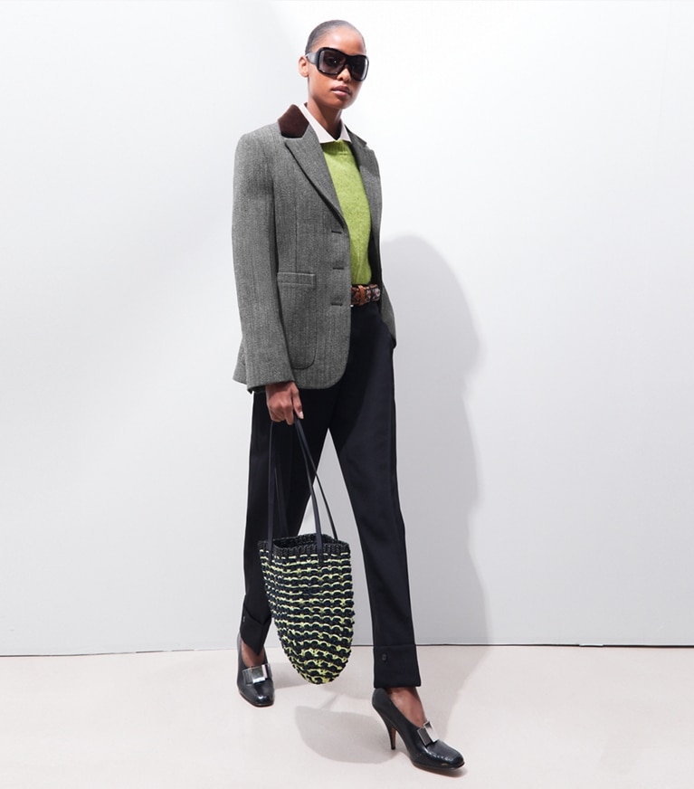 Tory Burch designer jackets Tailored Tweed Jacket in Black / White on model front