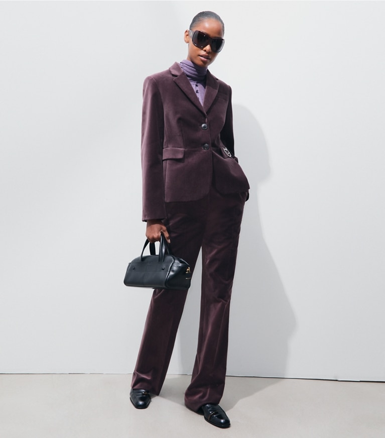 Tory Burch designer jackets Tailored Velvet Blazer in Smoky Plum on model front