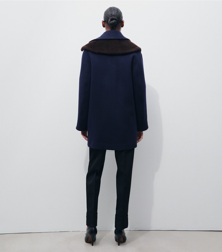 Tory Burch designer coats Tailored Wool Coat in Medium Navy on model back