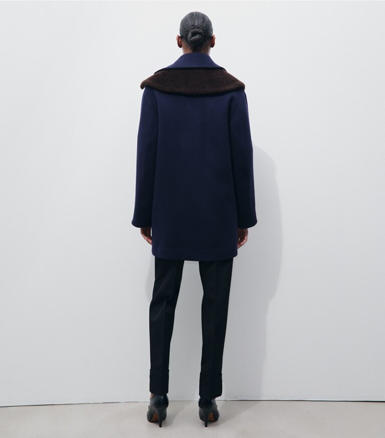 Tory Burch designer coats Tailored Wool Coat in Medium Navy on model back