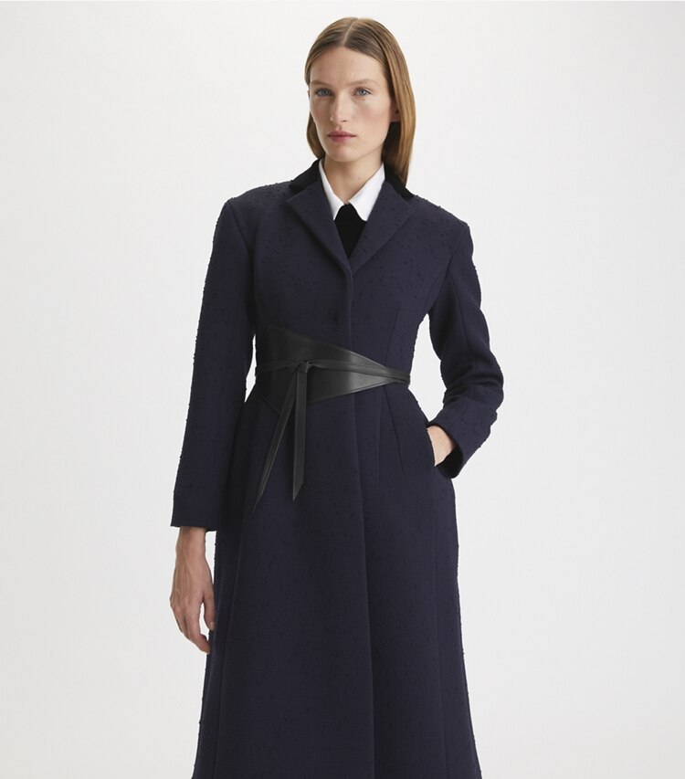 Tory Burch designer jackets Tailored Wool Coat in Medium Navy on model detail