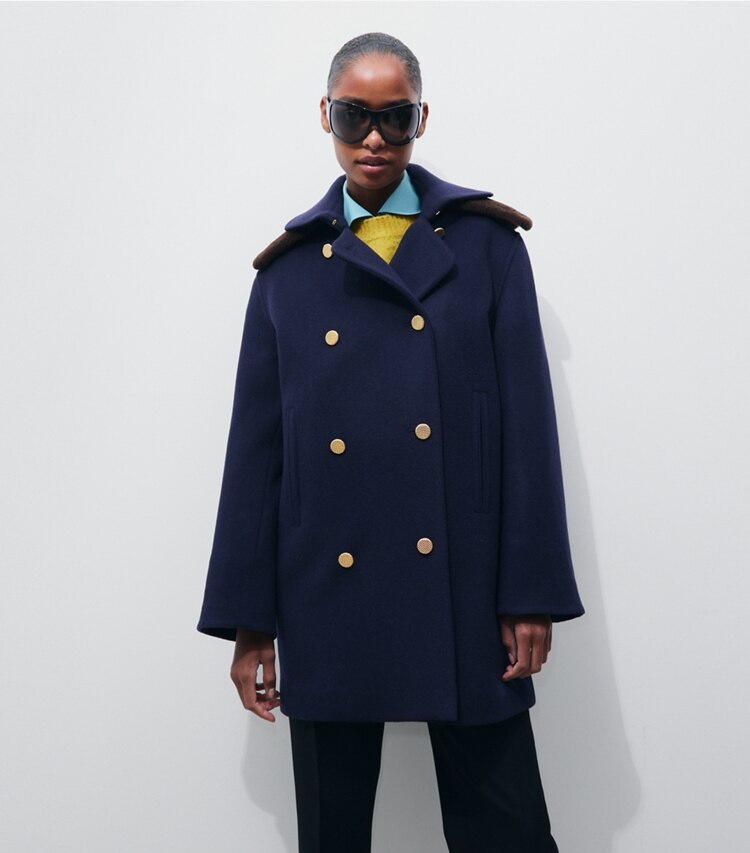 Tory Burch designer coats Tailored Wool Coat in Medium Navy on model detail