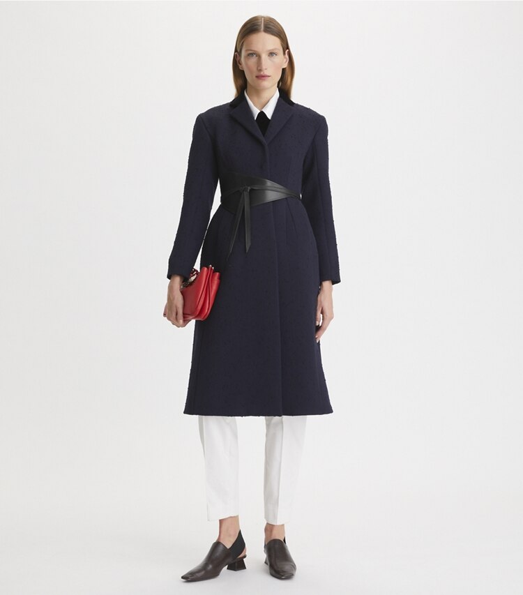 Tory Burch designer jackets Tailored Wool Coat in Medium Navy on model front