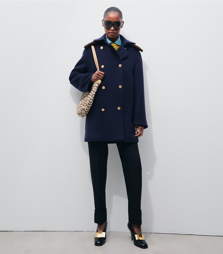 Tory Burch designer coats Tailored Wool Coat in Medium Navy on model front