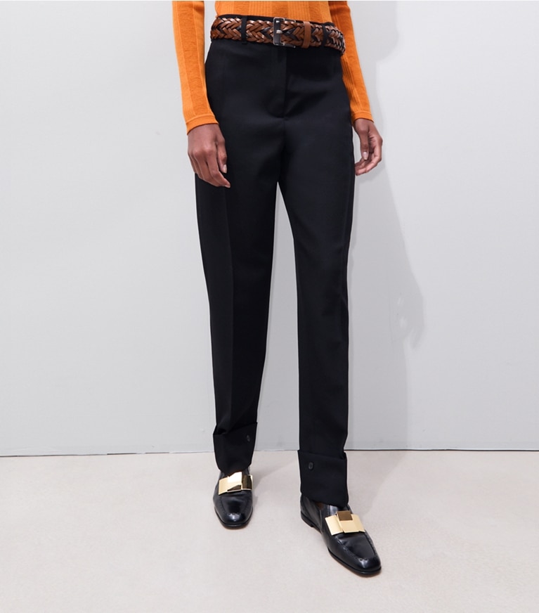 Tory Burch designer bottoms Tailored Wool Pant in Black on model detail