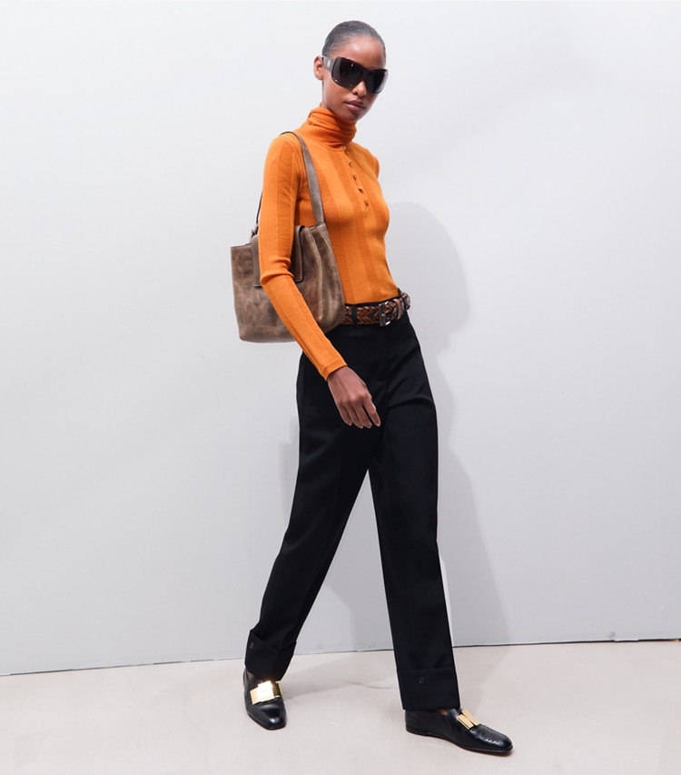 Tory Burch designer bottoms Tailored Wool Pant in Black on model front