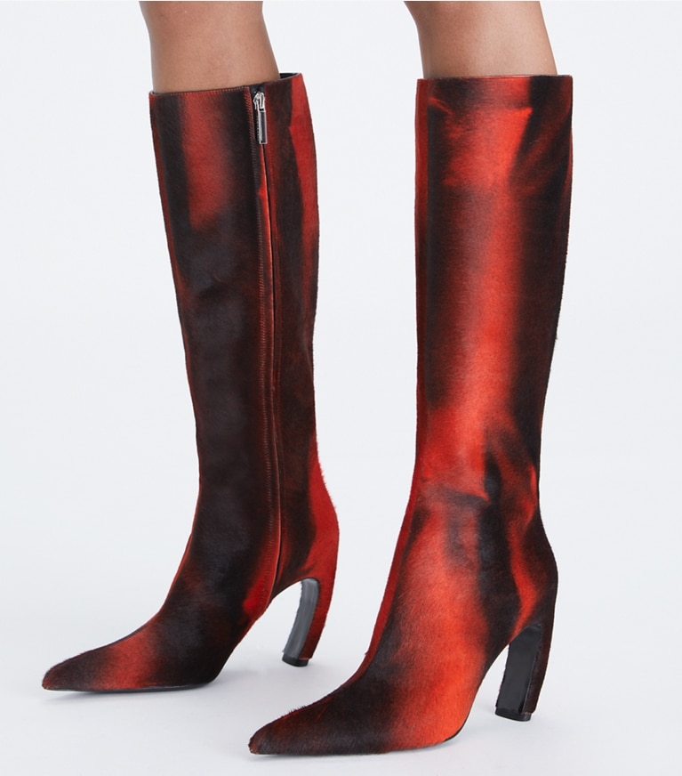 Tory Burch designer boots Tall Printed Calf Hair Boot in BURNT RED angle