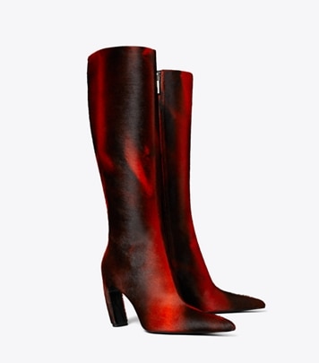 Tory Burch designer boots Tall Printed Calf Hair Boot in BURNT RED angle