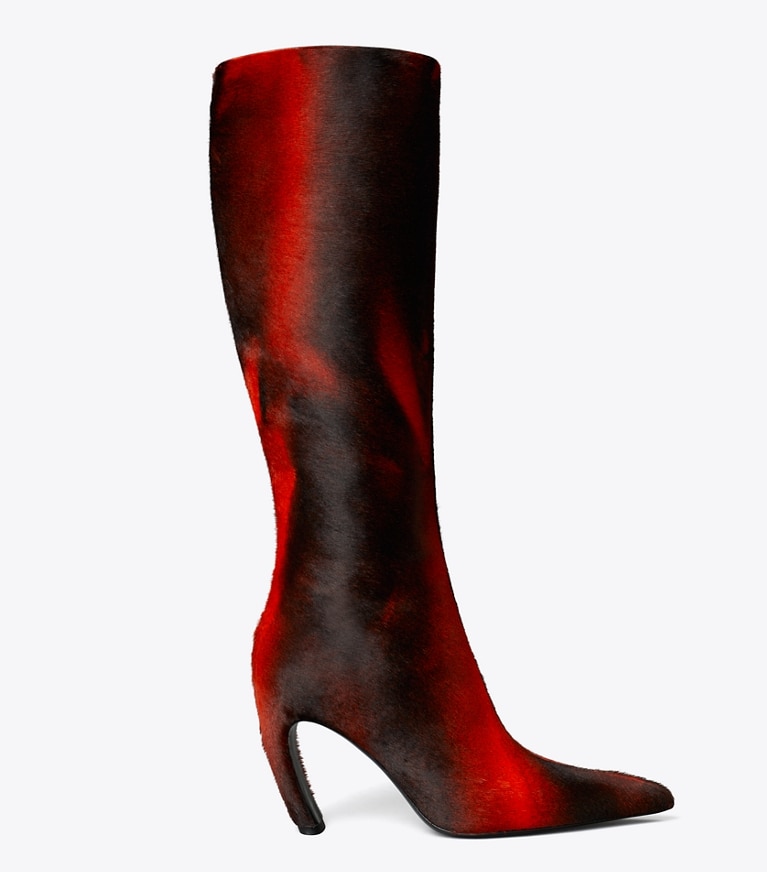 Tory Burch designer boots Tall Printed Calf Hair Boot in BURNT RED angle