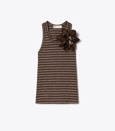 Tory Burch designer tops Tank top con spalline incrociate in Brown / Navy / White Stripe front