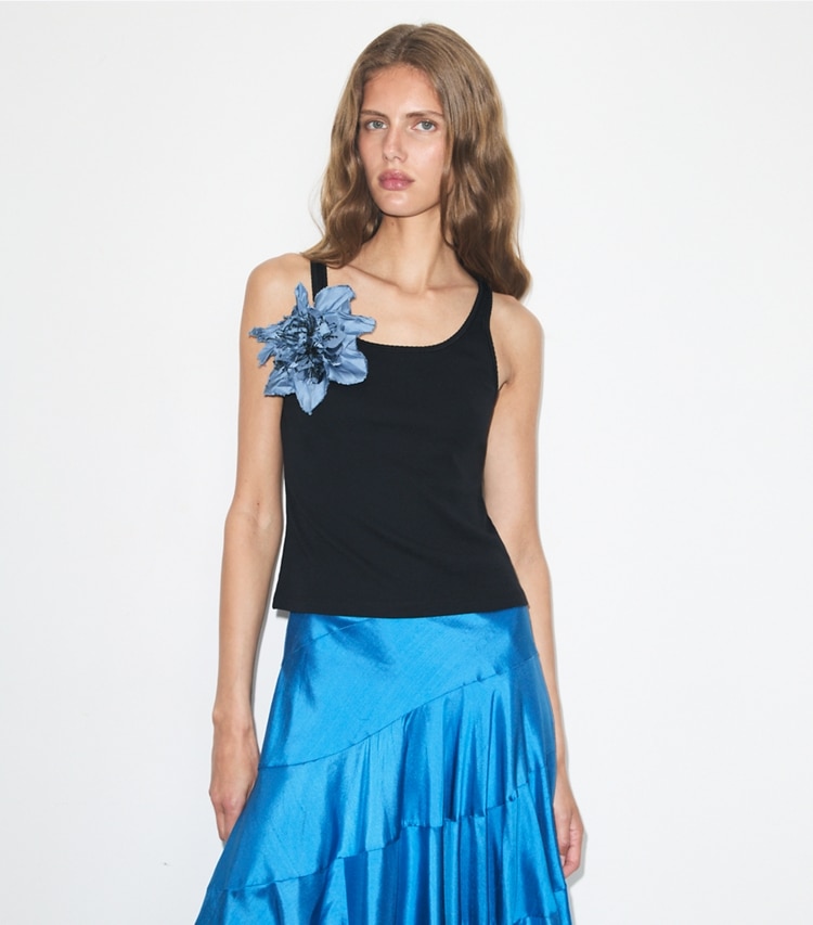Tory Burch designer tops Tank Top in Black / Blue on model detail