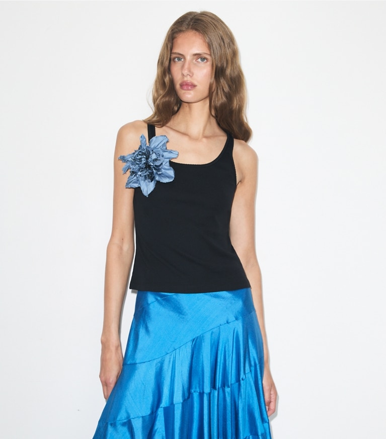 Tory Burch designer tops Tank Top in Black / Blue on model detail