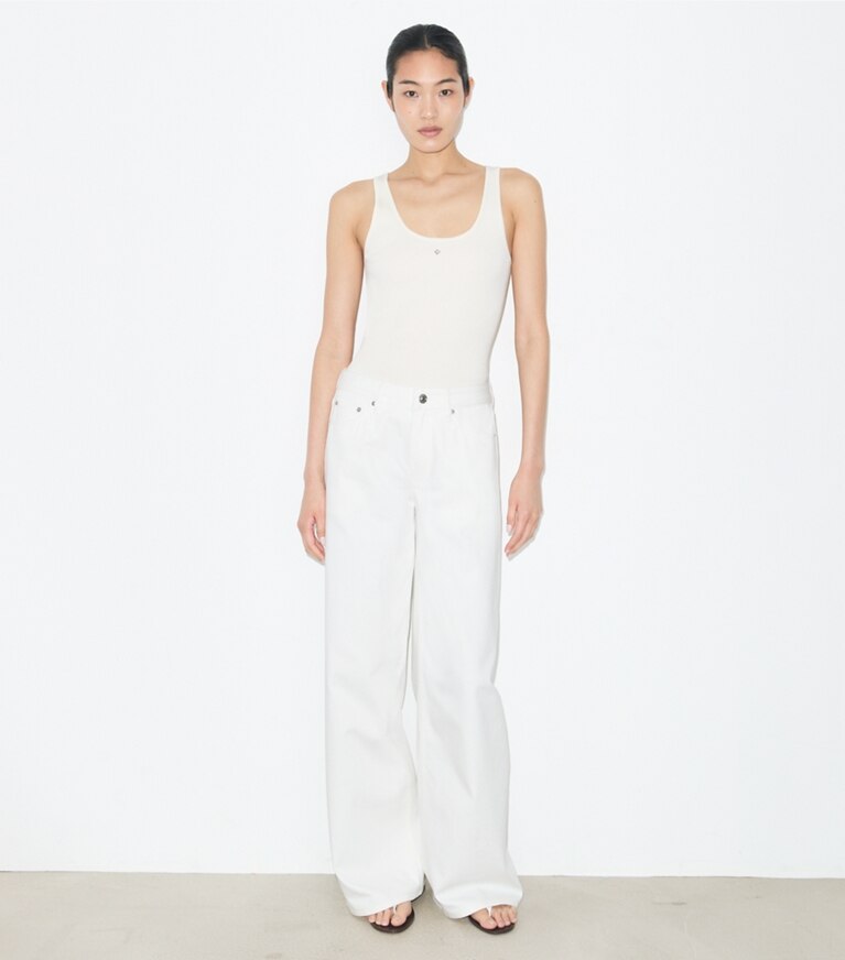 Tory Burch designer oberteile Tanktop aus Viskosestrick in New Ivory modell von vorn