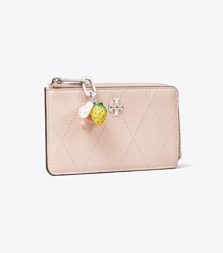 Tory Burch diseñador tarjeteros Tarjetero acolchado con cremallera Charlie en Soft Pink / Charms ángulo