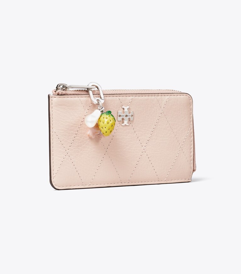Tory Burch diseñador tarjeteros Tarjetero acolchado con cremallera Charlie en Soft Pink / Charms ángulo