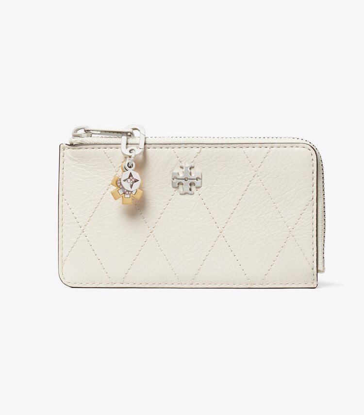 Tory Burch diseñador tarjeteros Tarjetero acolchado con cremallera Charlie en Light Cream / Charms frente