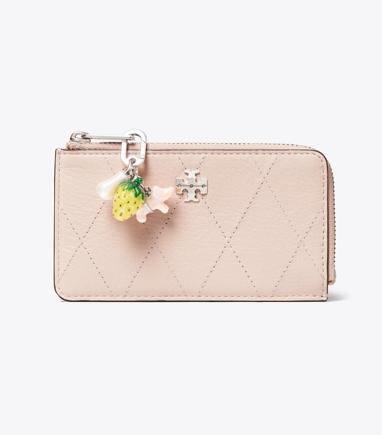 Tory Burch diseñador tarjeteros Tarjetero acolchado con cremallera Charlie en Soft Pink / Charms frente