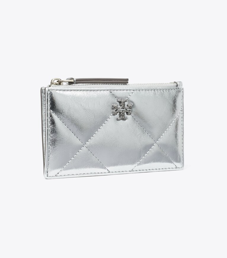 Tory Burch diseñador tarjeteros Tarjetero acolchado de rombos Kira metalizado con cremallera en Silver ángulo