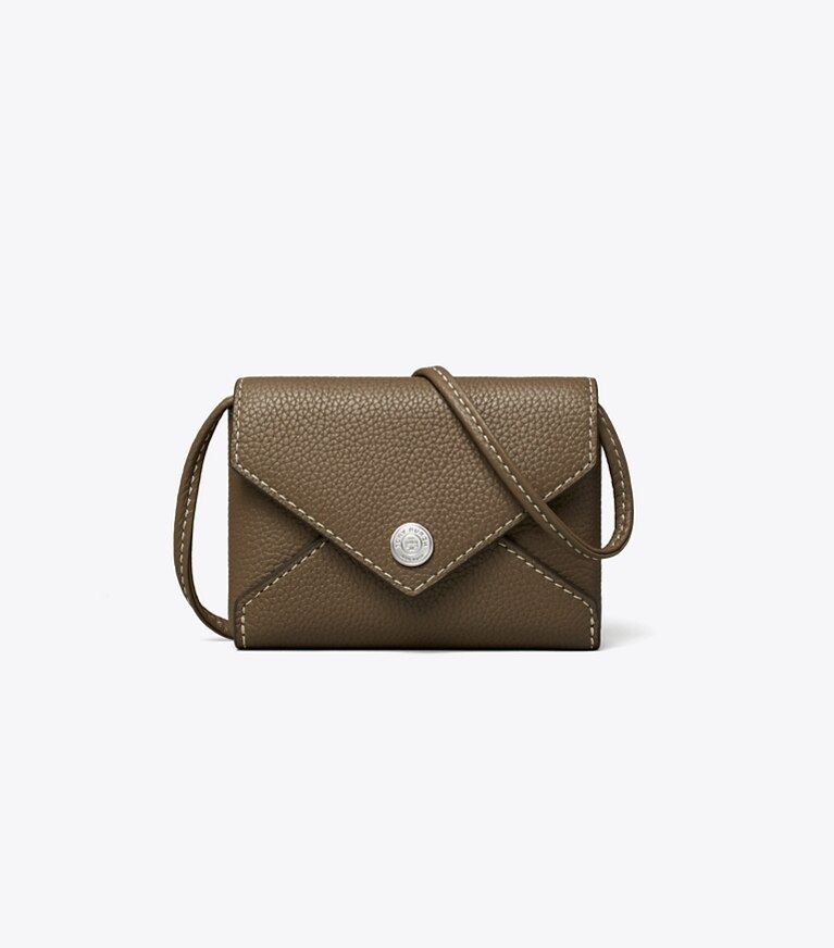 Tory Burch diseñador accesorios de viaje Tarjetero con cordón en Wild Mushroom frente