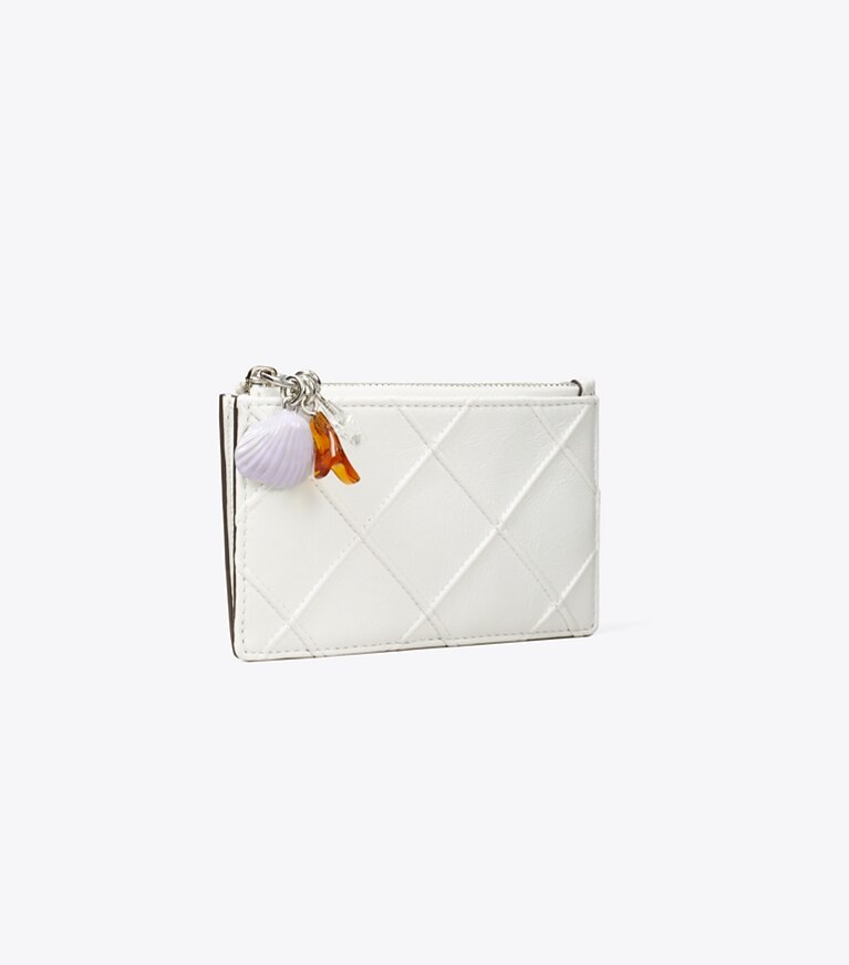 Tory Burch diseñador tarjeteros Tarjetero con cremallera y dije desgastado Fleming en Cirrus Cloud ángulo