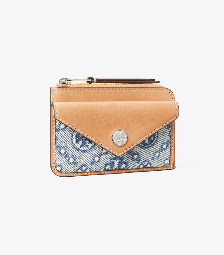 Tory Burch diseñador tarjeteros Tarjetero de denim con cremallera y monograma T en Powder Blue ángulo