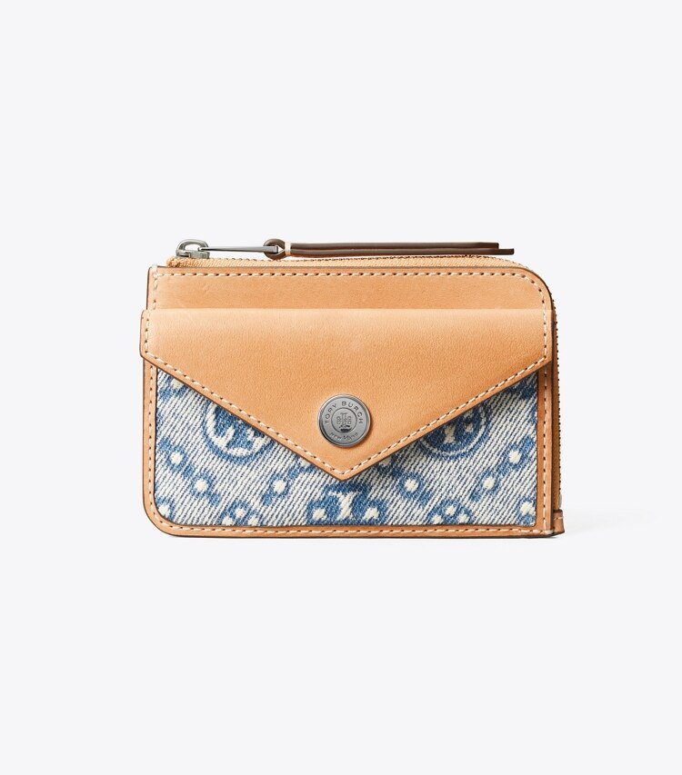 Tory Burch diseñador tarjeteros Tarjetero de denim con cremallera y monograma T en Powder Blue frente