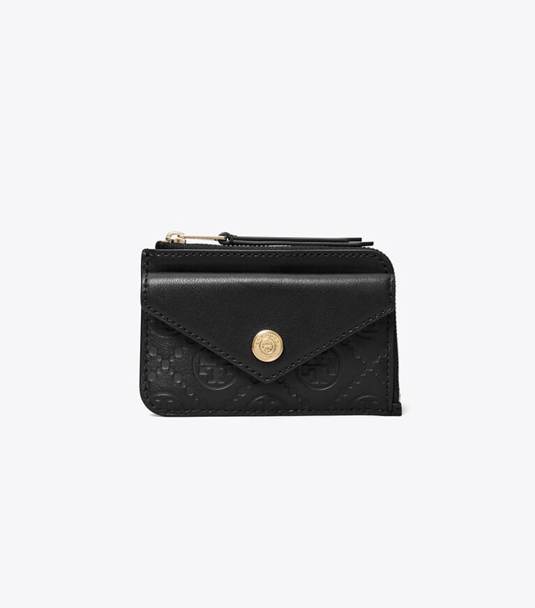 Tory Burch diseñador tarjeteros Tarjetero de piel con cremallera con monograma de T en Black frontal