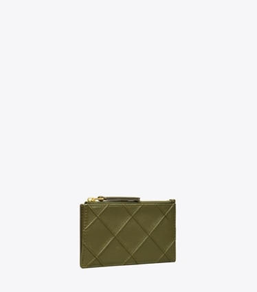 Tory Burch diseñador tarjeteros Tarjetero Fleming con cremallera en Dark Olive ángulo