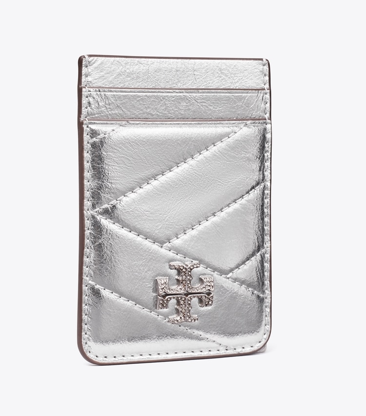 Tory Burch diseñador accesorios tecnológicos Tarjetero Kira con logo en pavé metalizado en Silver ángulo