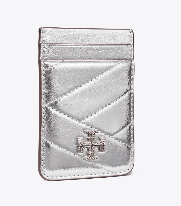 Tory Burch diseñador accesorios tecnológicos Tarjetero Kira con logo en pavé metalizado en Silver ángulo