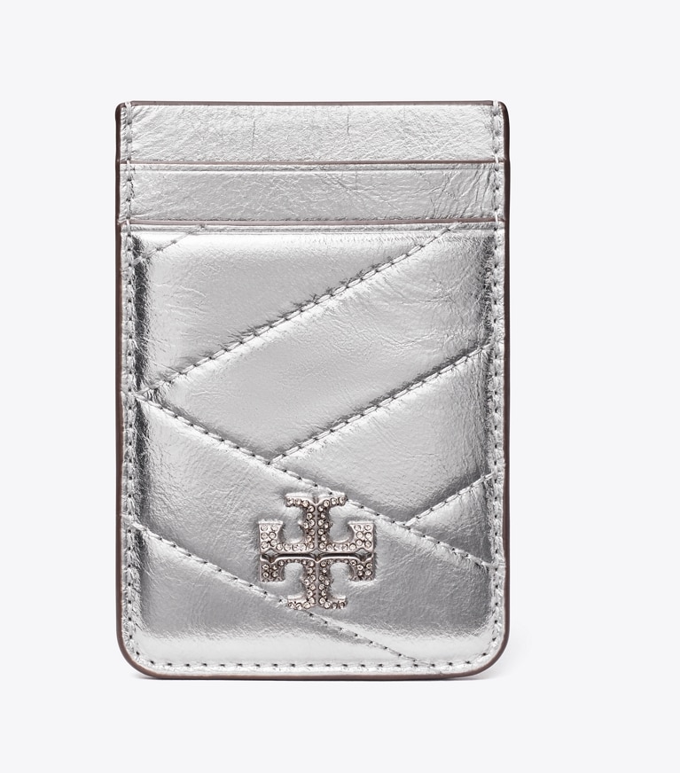 Tory Burch diseñador accesorios tecnológicos Tarjetero Kira con logo en pavé metalizado en Silver frontal