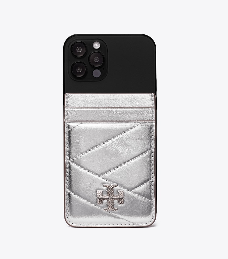 Tory Burch diseñador accesorios tecnológicos Tarjetero Kira con logo en pavé metalizado en Silver teléfono