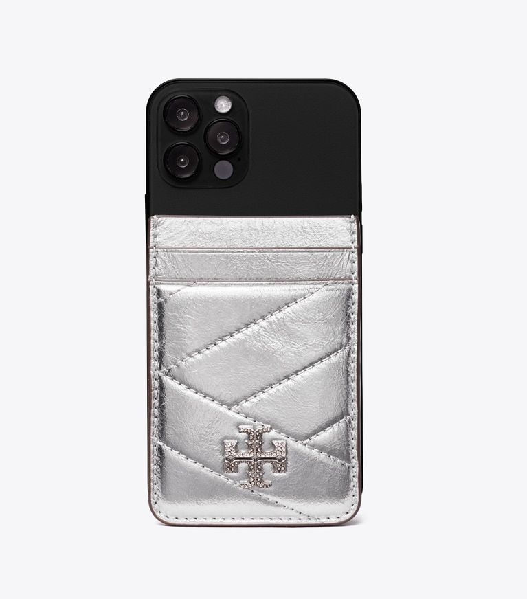 Tory Burch diseñador accesorios tecnológicos Tarjetero Kira con logo en pavé metalizado en Silver teléfono