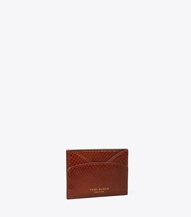 Tory Burch diseñador tarjeteros Tarjetero plano Romy con piel grabada en relieve con efecto de serpiente en Sweet Maple ángulo