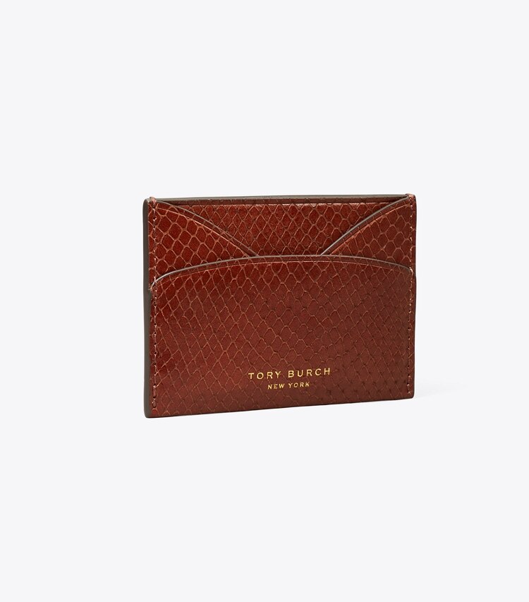 Tory Burch diseñador tarjeteros Tarjetero plano Romy con piel grabada en relieve con efecto de serpiente en Sweet Maple ángulo