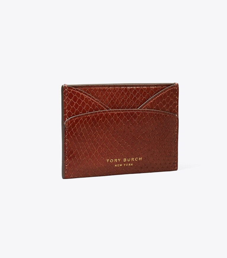 Tory Burch diseñador tarjeteros Tarjetero plano Romy con piel grabada en relieve con efecto de serpiente en Sweet Maple ángulo
