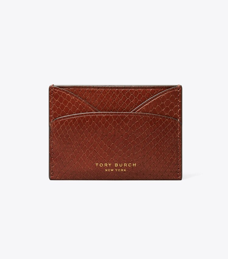 Tory Burch diseñador tarjeteros Tarjetero plano Romy con piel grabada en relieve con efecto de serpiente en Sweet Maple frente