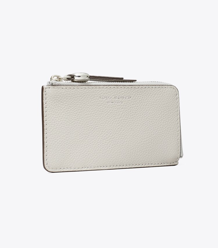 Tory Burch diseñador tarjeteros Tarjetero Romy con cremallera en Dove Gray ángulo