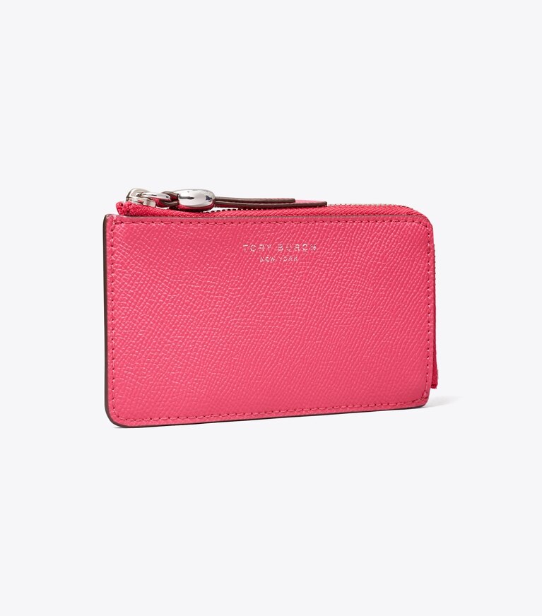 Tory Burch diseñador tarjeteros Tarjetero Romy con cremallera en Bright Pink ángulo