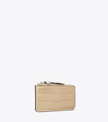 Tory Burch diseñador tarjeteros Tarjetero Romy con cremallera grabado efecto cocodrilo en Ginger Leaf ángulo