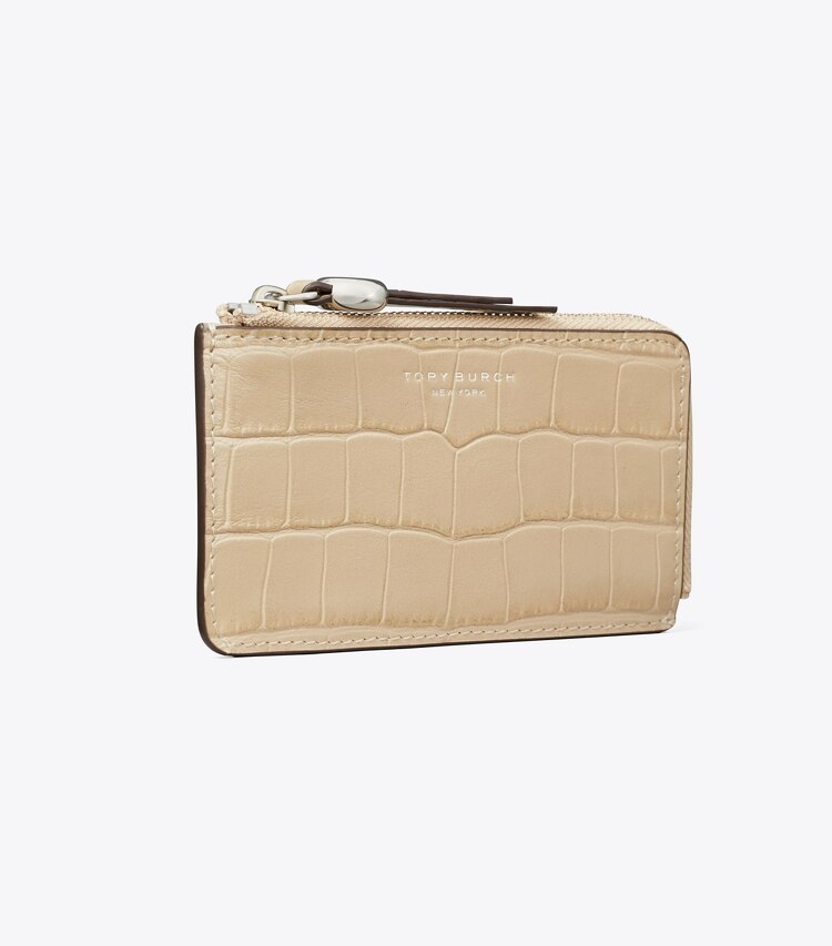 Tory Burch diseñador tarjeteros Tarjetero Romy con cremallera grabado efecto cocodrilo en Ginger Leaf ángulo
