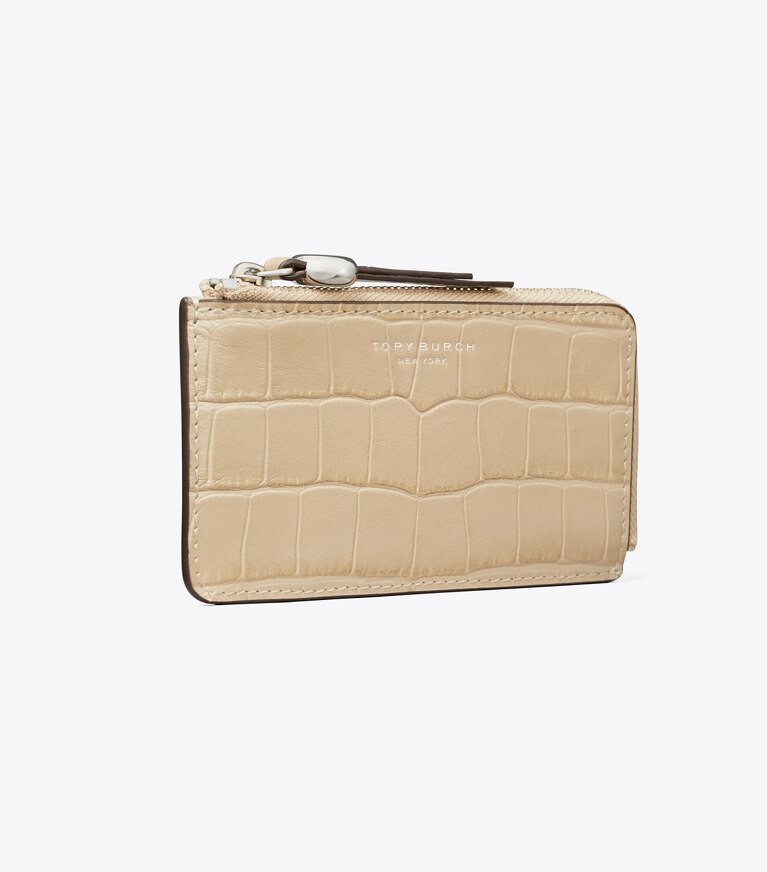 Tory Burch diseñador tarjeteros Tarjetero Romy con cremallera grabado efecto cocodrilo en Ginger Leaf ángulo