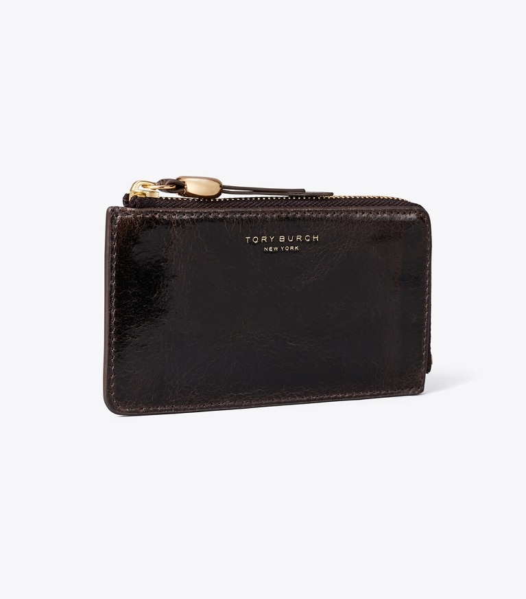 Tory Burch diseñador tarjeteros Tarjetero Romy desgastado con cremallera en Dark Roast ángulo