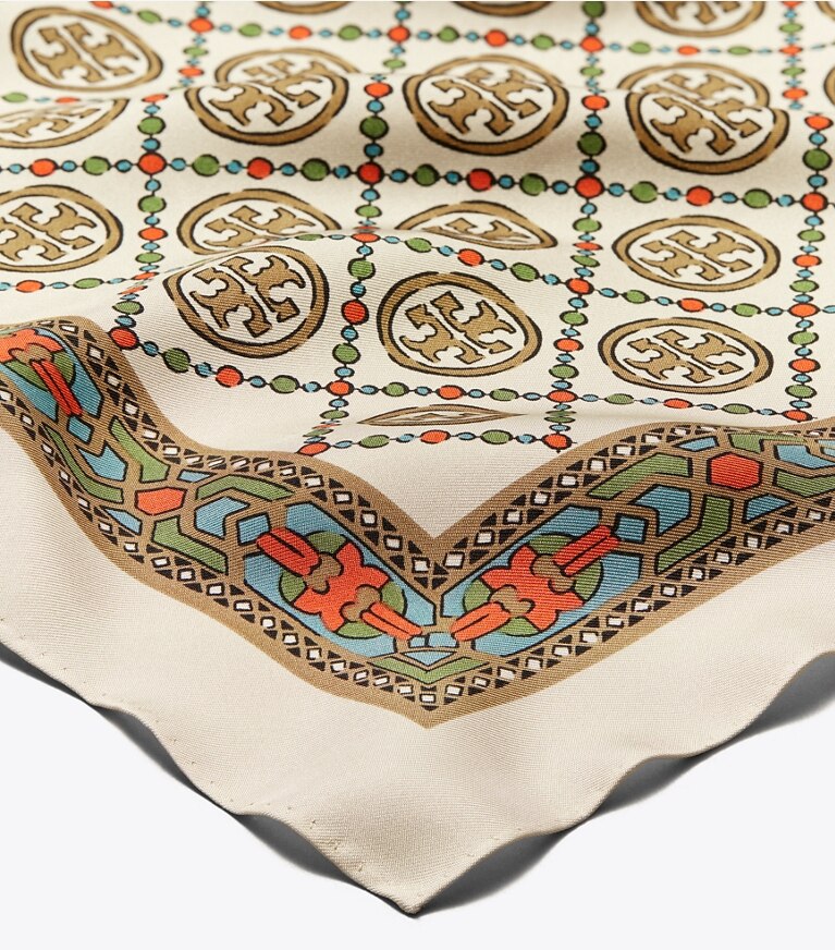 Tory Burch designer schals Taschentuch aus Seide mit T-Monogramm in Cream von oben