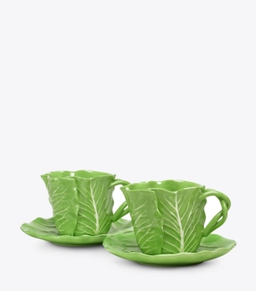 Tory Burch diseñador artículos de mesa & cristalería Taza y platillo de vajilla con borde ondulado, set de 2 en Green grupo