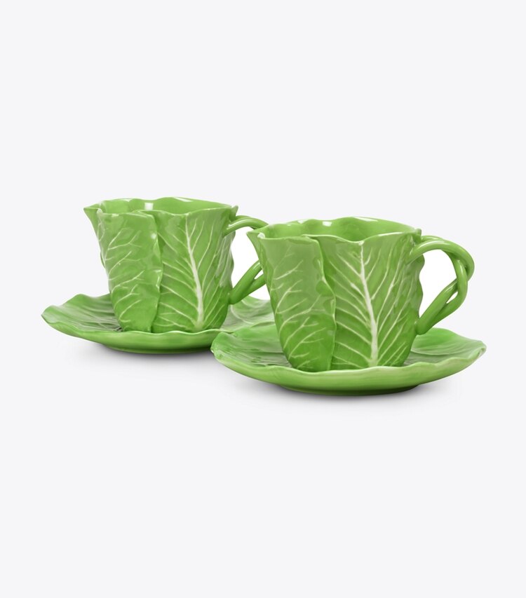 Tory Burch diseñador artículos de mesa & cristalería Taza y platillo de vajilla con borde ondulado, set de 2 en Green grupo