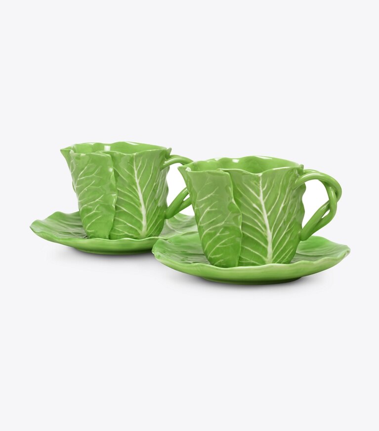 Tory Burch diseñador artículos de mesa & cristalería Taza y platillo de vajilla con borde ondulado, set de 2 en Green grupo