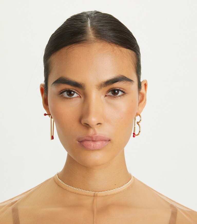 Tory Burch designer earrings TB Matchstick Earring in Tory Gold / Red front