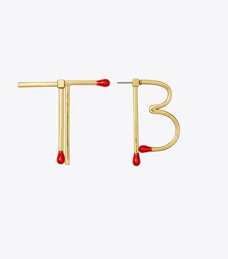 Tory Burch designer earrings TB Matchstick Earring in Tory Gold / Red front